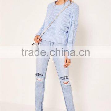 MGOO Women Plain Blue Cable Knit Slouchy Jumper With Drop Shouder Crop Knitwear Sweater photo-4