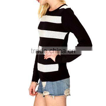 Crew Neck Long Sleeve Black Women Winter Sweater With White Hollow Out Stripe photo-2