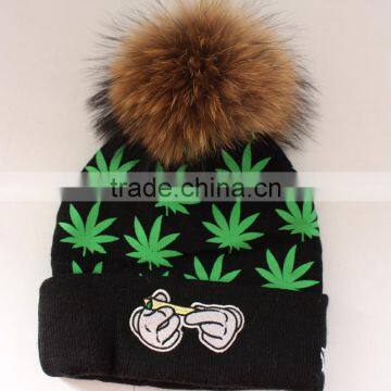 Myfur Adult Screen Green Leaf Printed Skull Hat With Real Fur Pom Pom