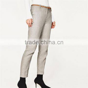 Elegant Fancy Roll-up Hem Linen Grey Dress Pants With Braided Belt photo-2
