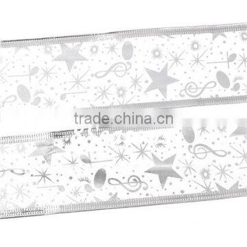 White Star Musical Notes Pattern Organza Satin Ribbon For Christmas Decoration 5.0cm