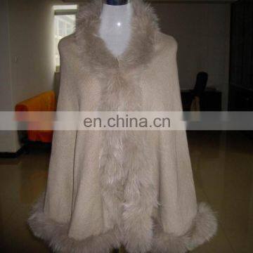 women cashmere cape with fox fur trim