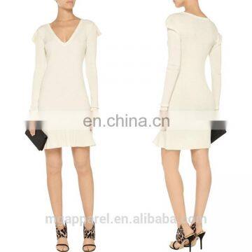 china OEM women winter dress long sleeve structured shoulders sexy v neck wool mini dress