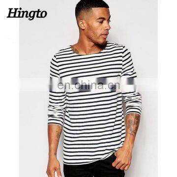 Men sofe-touch 100% cotton stripe long sleeve t-shirts with boat neck