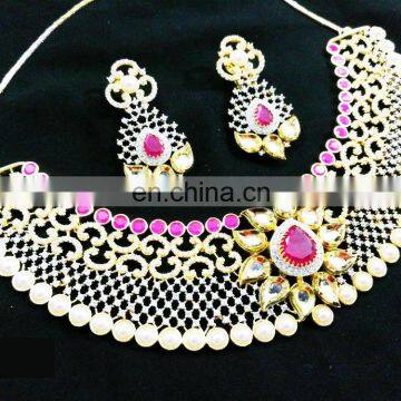 Pink Color beautiful white beaded Gold Plated American Diamond Jewelry Necklace Earrings Set