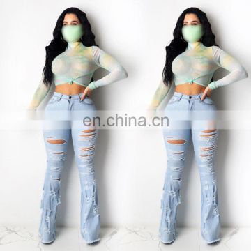 LAITE TR2012 Wholesales Custom New Fashion Broken Hole Straight Edge Women Casual Flare Jeans