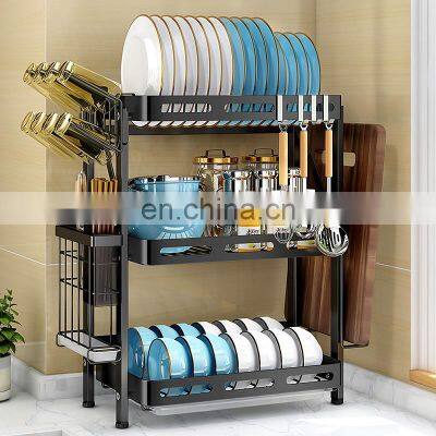 Punch-free foldable countertop dish draining storage plate rack black stainless steel kitchen shelf organizer with water tray