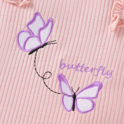 Baby's Butterfly Embroidery Ruffled Long Sleeve Ribbed Footed Romper, Toddler & Infant Girl's Bodysuit photo-4