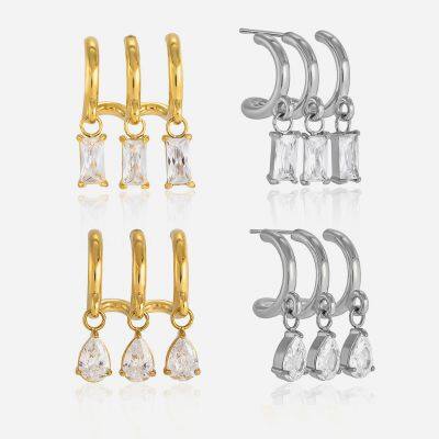 White Zircon Stud Earrings - Stainless Steel Plated Fashion Jewelry