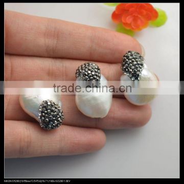 LFD-0077B Wholesale Nature Freshwater Pearl with Crystal Rhinestone Paved Loose Beads, Drop Shape Druzy Pearl Beads Jewelry