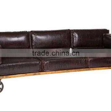 INDUSTRIAL BLACK LEATHER THREE SITTER SOFA , WHEELS INDUSTRIAL BLACK SOFA