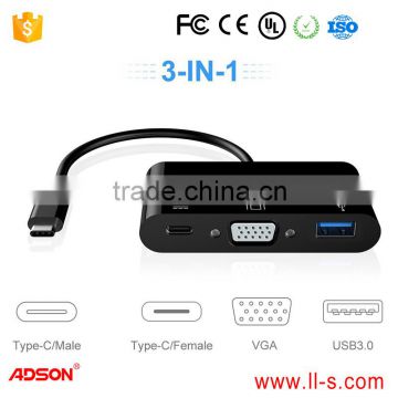 Adson USB 3.1 Hub Type-C to VGA / USB3.0/ Type C Adapter Converter Hub for Macbook 12 Inch Laptop, Google New Chromebook