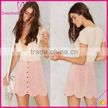 Scalloped Hem Button Closur Blush Fashion One Piece Mini Suede Skirt