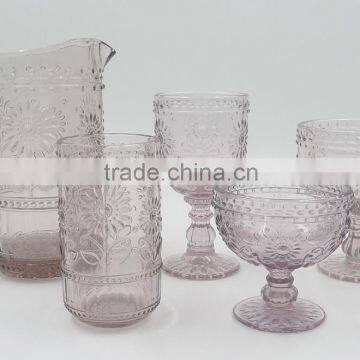 press glass drinkingware/Wine goblet,Hiball,DOF, sundae cup,pitcher in pink color with sunflower embossed patern
