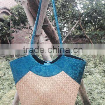 Natural seagrass plant beach bag with blue Ha Dong silk from Vietnam