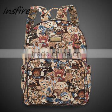 New arrival high quality fashion zippered bear print canvas backpack