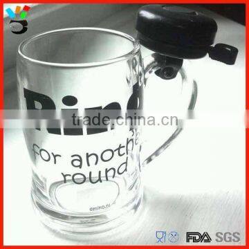 Wholesale drinking personal pattern design handle glass beer mug with bell