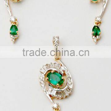 Oval Shaped Pendant With Emerald Drop, Baguette And Round Diamond Designer Set