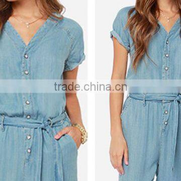 Women Sky Blue Belted Short Sleeve Slim Fit Jumpsuit Romper photo-6