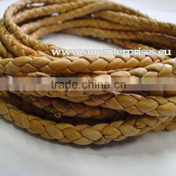 Braided Leather cords -Round braided in Nappa - 4 mm - Tan colour