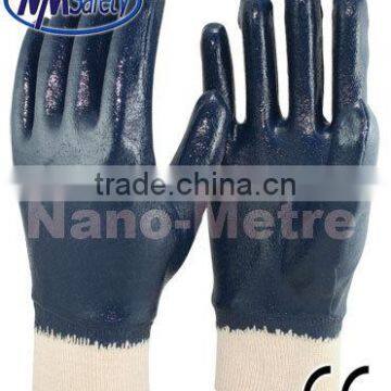 NMSAFETY blue nitrile full dipped work glove Jersey liner cotton coated nitrile glove