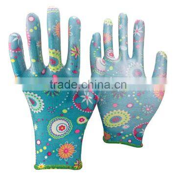 NMSAFETY 13g polyester liner flower print PU glove /gardening gloves strong abrasion performance