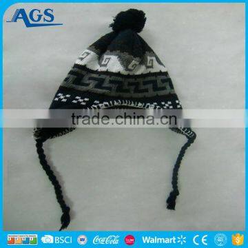 pretty knitted acrylic winter beanies hat with string and earflap HAT15017A