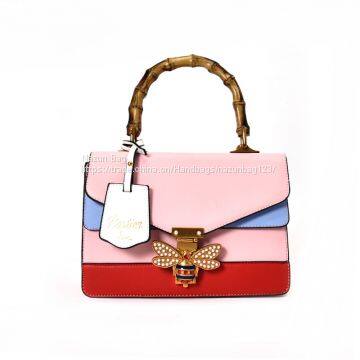 2017 New Design Color Match Beautiful Bamboo Handle Custom-made Ladies Handbag Small Pu Leather Shoulder Bag