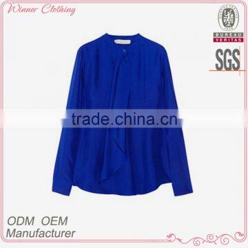 Hot sale ladies royal blue long sleeve ruffled fashion korean summer blouse