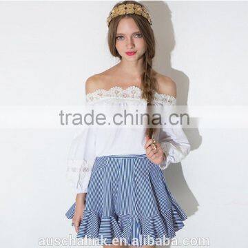 high waist summer girls blue and white stripe ruffle mini skirt models