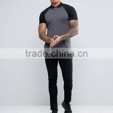 Custom Contrast Raglan Short Sleeve Button Placket Longline Grey Men's Cotton/Spandex 200gsm Casual Slim Fit Polo Tshirt photo-4