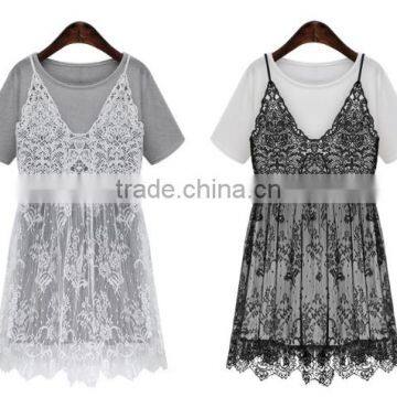 GZY 2015 leisure ladies black lace and white T-shirt vestidos casuales