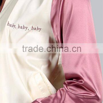 Custom Logo Women Button Coat Satin Letter Print Bomber Jacket Mauve Ribbing Trim Baseball Outwear photo-5