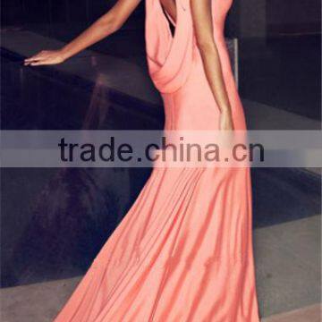 2016 Wholesale Latest Design V-neck Sleeveless Long Beaded Pink Chiffon Party Dress photo-2