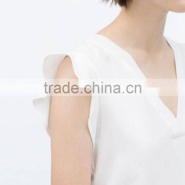 Fashion Ruffles Sleeves Women V Neck White Tank Tops Blank Chiffon Shirt photo-2