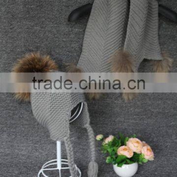 Quality guarantee wholesale raccoon fur ball decoration hat and scarf sets hot style