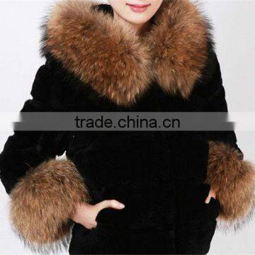 Lady's Fashion Rabbit Fur Coat With Raccoon Fur Collar And Raccoon Fur Cuff