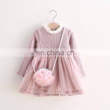 Crochet Tulle Baby Girl Dress Pink Long Sleeve Toddler Frock MiniDress