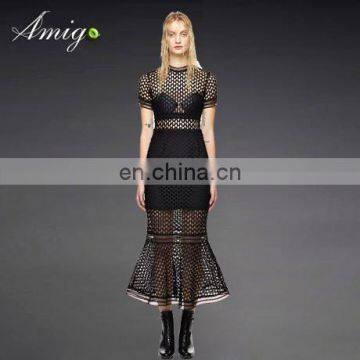 Long merdaid skirt hollow out and tube top inside mesh dress