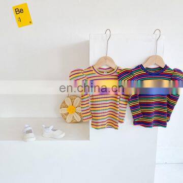 Children's top rainbow striped bottoming shirt princess puff sleeve