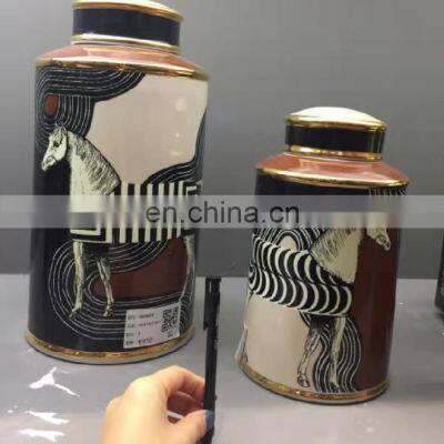 Retro Luxury Zebra Painting Brown Pottery Horse Ceramic Jar For Home Decor Accessories photo-4