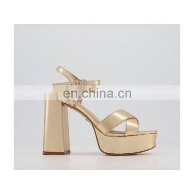 Golden color women high block heel ankle strap platform ladies sandals shoes