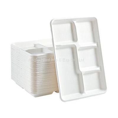 5 Compartment Compostable Tableware Disposable Biodegradable Dinnerware Sugarcane Bagasse Trays photo-2