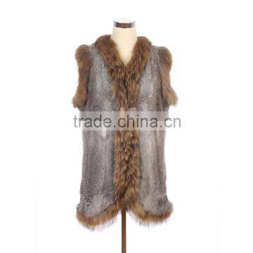 QD30414 Hot Sale Winter Women Rabbit Fur Vest with Raccoon Dog Fur Triming