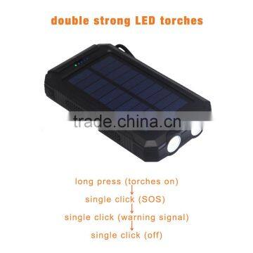 solar panel waterproof 8000 mAh power bank with 2 strong LED torch