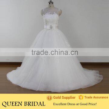 Real Sample Appliqued Lace Ribbon Sash China Factory Wedding dresses 2015 Ball Gown
