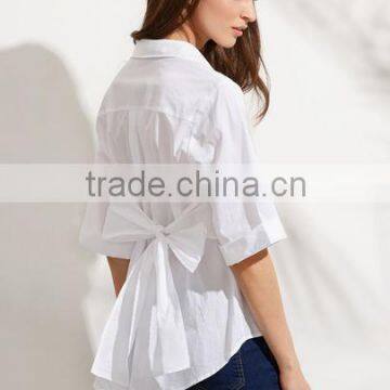 Blouses latest fashion design women clothing White Half Sleeve Bow Tie Back Blouse