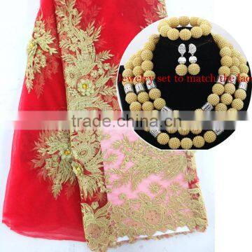 2016 new design French lace fabric material for nigerian dresses/Red+gold african lace fabric for Nigeria Wedding