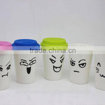 13oz funny single wall ceramic travel mugs with silicone lid