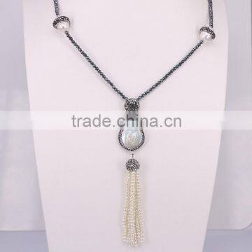 Charm Pearl Gemstone Beads Tassel Necklace, with 3mm Mini Black Hematite Beads Necklace,